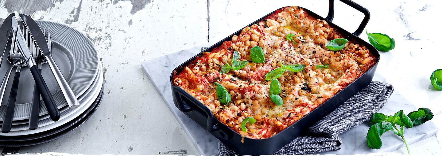 Lasagne med borlottibønner og aubergine